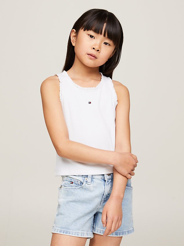 white essential ribbed texture frilled tank top for girls tommy hilfiger