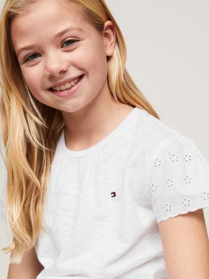 t-shirt th monogram con maniche in sangallo bianco da bambine tommy hilfiger