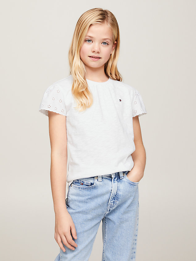 white th monogram broderie anglaise sleeve t-shirt for girls tommy hilfiger