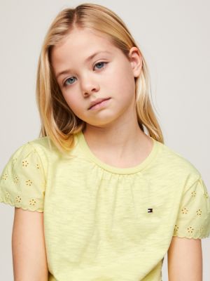 geel th monogram t-shirt met broderie anglaise voor meisjes - tommy hilfiger