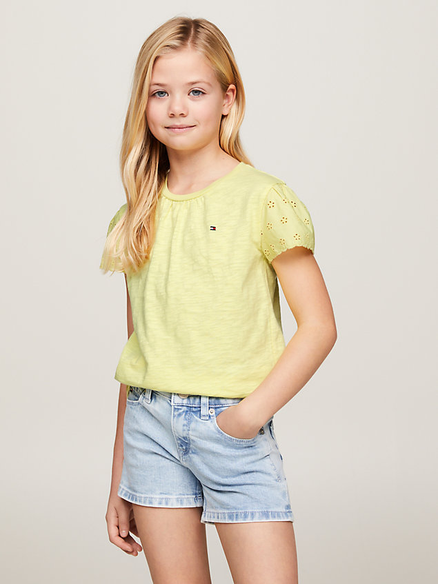 yellow th monogram broderie anglaise sleeve t-shirt for girls tommy hilfiger