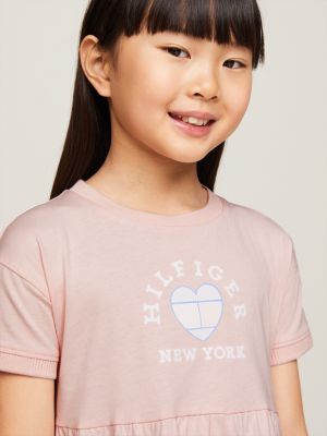 pink gestuftes kleid mit flag-herz und logo für mädchen - tommy hilfiger