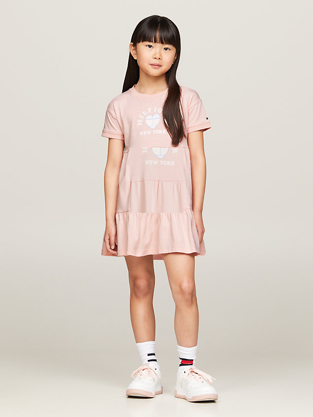 pink gelaagde jurk met hartvlag en logo voor meisjes - tommy hilfiger