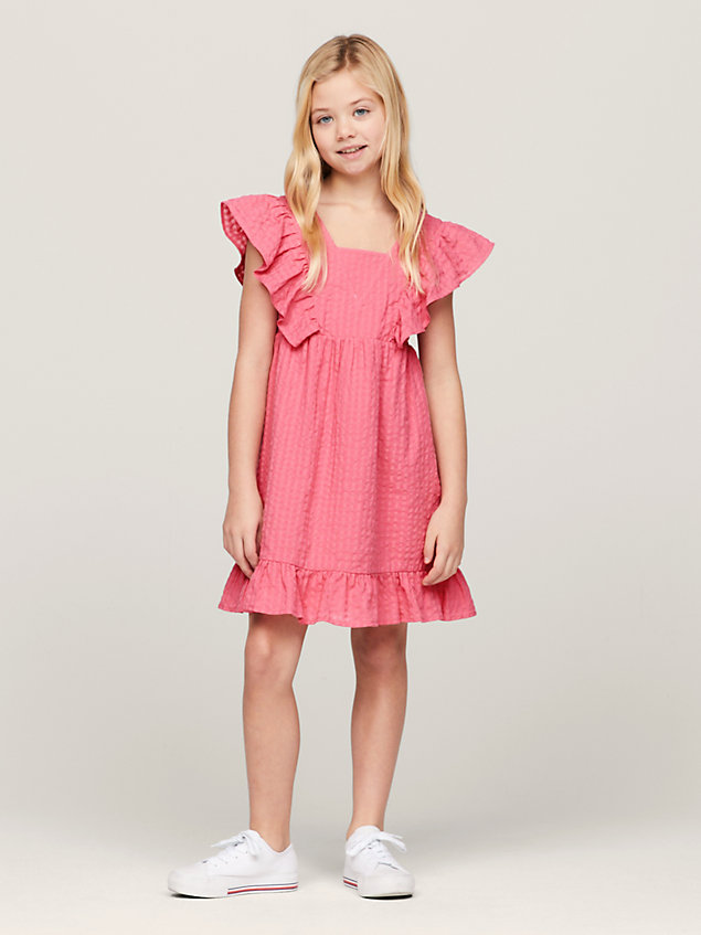 pink seersucker fit and flare jurk met ruches voor meisjes - tommy hilfiger