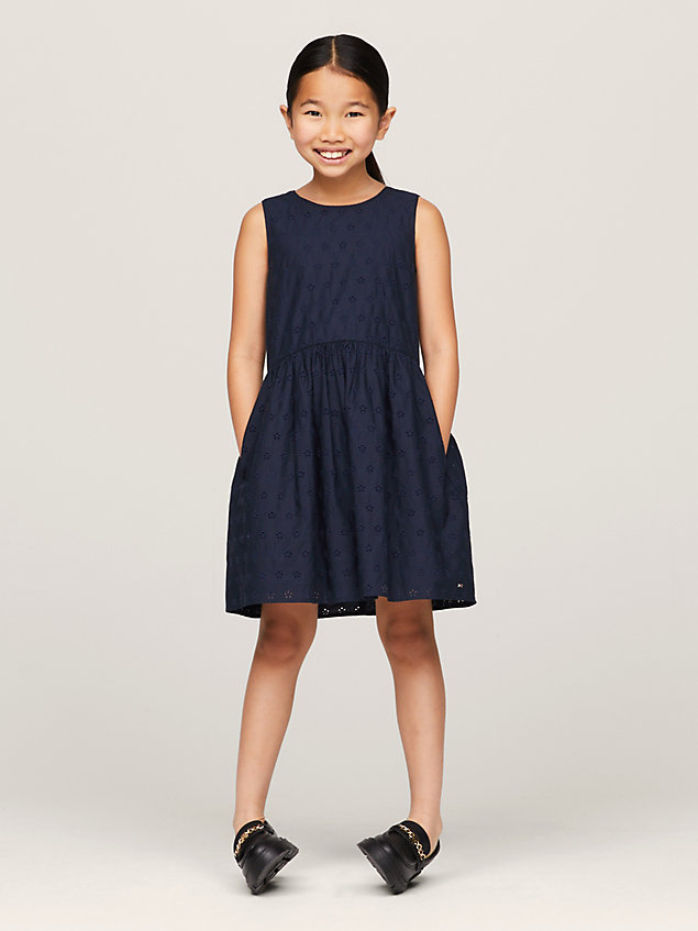 blue th monogram broderie anglaise sleeveless dress for girls tommy hilfiger