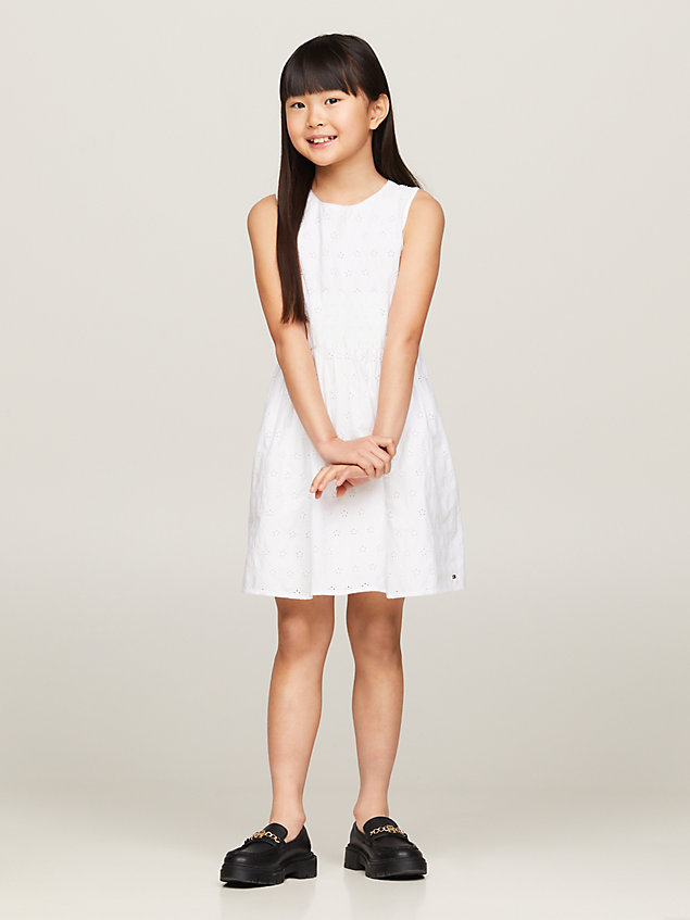 white th monogram broderie anglaise sleeveless dress for girls tommy hilfiger