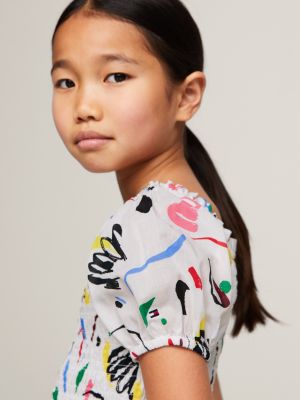 white gesmoktes kleid mit abstraktem print für mädchen - tommy hilfiger