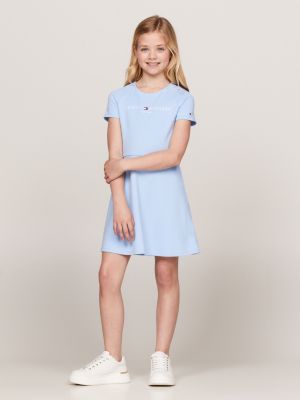 blue essential logo fit and flare dress for girls tommy hilfiger