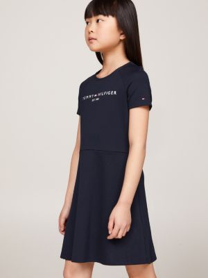 blue essential logo fit and flare dress for girls tommy hilfiger