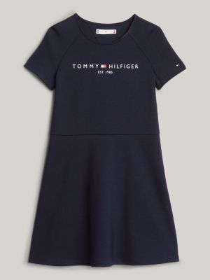 blue essential logo fit and flare dress for girls tommy hilfiger