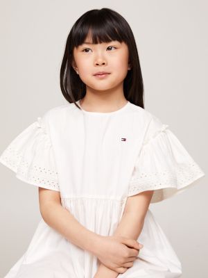 white broderie anglaise bell sleeve flare dress for girls tommy hilfiger