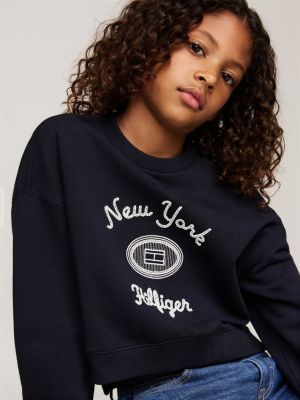 blue textured logo embroidery double hem jumper for girls tommy hilfiger