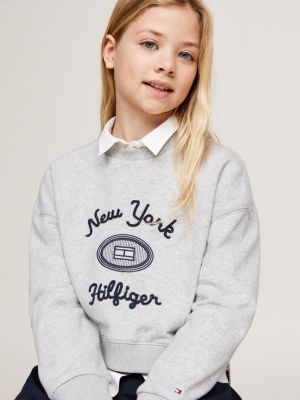 grey textured logo embroidery double hem jumper for girls tommy hilfiger