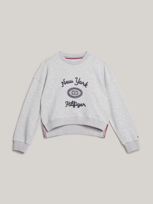 grey textured logo embroidery double hem jumper for girls tommy hilfiger