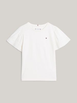 white broderie anglaise sleeve t-shirt for girls tommy hilfiger