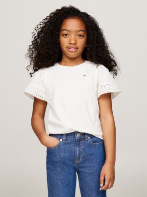 t-shirt con maniche in sangallo white da bambine tommy hilfiger