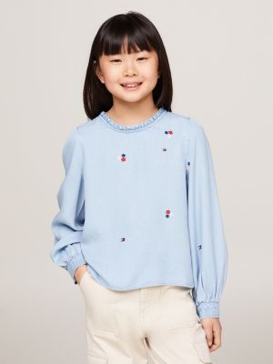 blue floral embroidery chambray blouse for girls tommy hilfiger