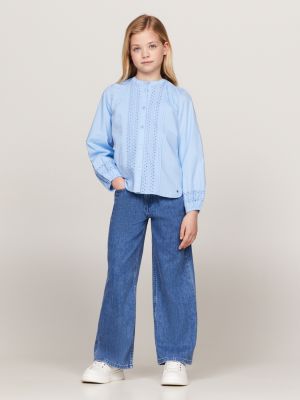 blue broderie anglaise relaxed long sleeve blouse for girls tommy hilfiger