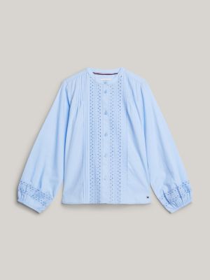 blue broderie anglaise relaxed long sleeve blouse for girls tommy hilfiger