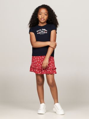 blue floral logo print slim fit t-shirt for girls tommy hilfiger