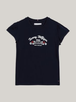 blue floral logo print slim fit t-shirt for girls tommy hilfiger