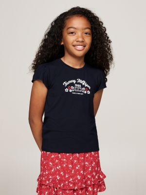 blue floral logo print slim fit t-shirt for girls tommy hilfiger