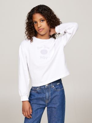 t-shirt a maniche lunghe con logo ricamato white da bambine tommy hilfiger