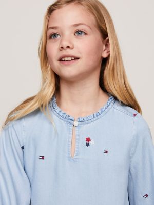 blue floral embroidery fit and flare dress for girls tommy hilfiger