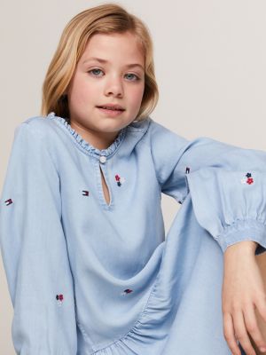 blue floral embroidery fit and flare dress for girls tommy hilfiger