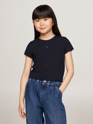 blue ruffled trim ribbed extra slim t-shirt for girls tommy hilfiger