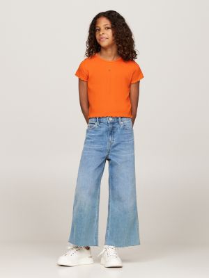 orange ruffled trim ribbed extra slim t-shirt for girls tommy hilfiger