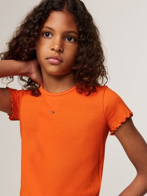 Ruffled Trim Ribbed Extra Slim T Shirt Orange Tommy Hilfiger