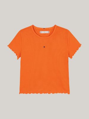 orange ruffled trim ribbed extra slim t-shirt for girls tommy hilfiger