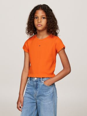 orange ruffled trim ribbed extra slim t-shirt for girls tommy hilfiger