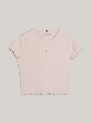 Essential Ruffle Trim Ribbed Fitted T-Shirt, Pink