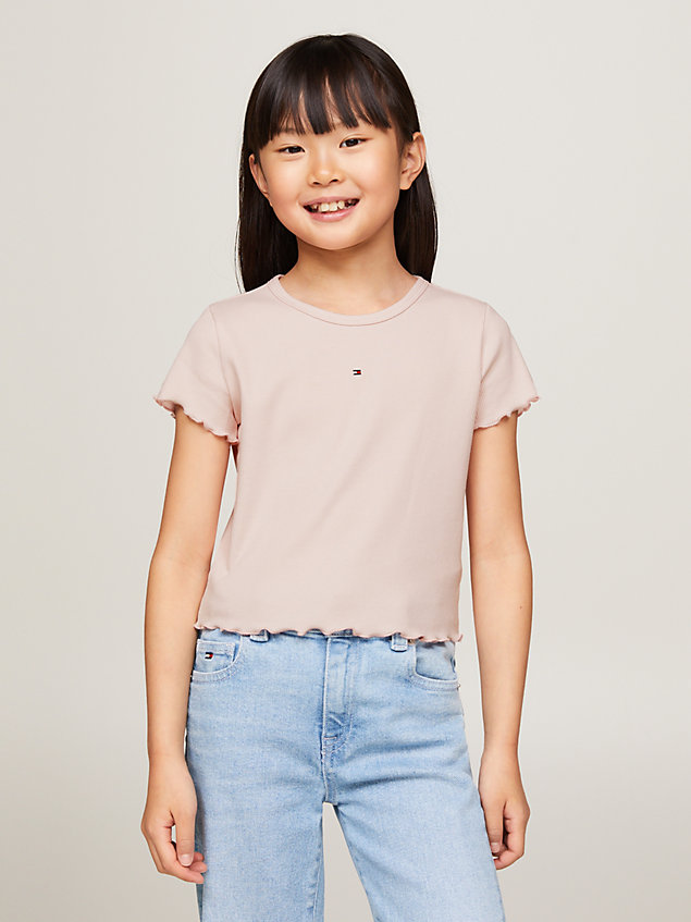 pink essential ruffle trim ribbed fitted t-shirt for girls tommy hilfiger