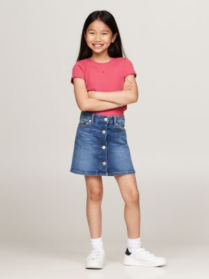 pink ruffled trim ribbed extra slim t-shirt for girls tommy hilfiger