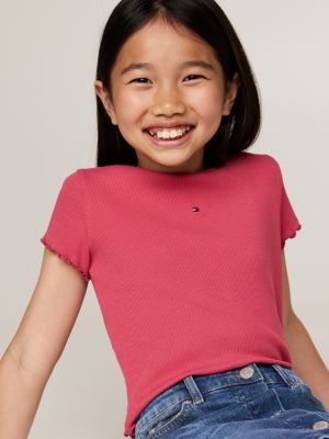 pink ruffled trim ribbed extra slim t-shirt for girls tommy hilfiger