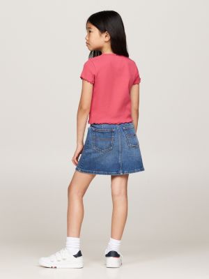 pink ruffled trim ribbed extra slim t-shirt for girls tommy hilfiger