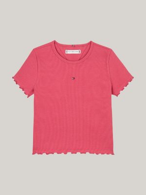 pink ruffled trim ribbed extra slim t-shirt for girls tommy hilfiger