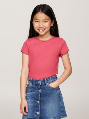 pink ruffled trim ribbed extra slim t-shirt for girls tommy hilfiger