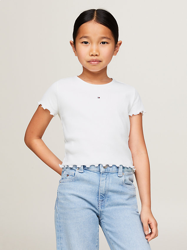 white essential ruffle trim ribbed fitted t-shirt for girls tommy hilfiger