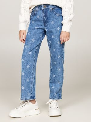 blue girlfriend straight star print jeans for girls tommy hilfiger