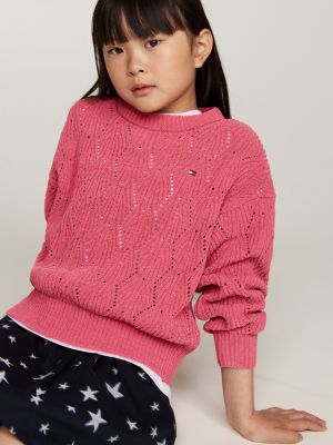 pull décontracté en maille chenille ajourée rose pour filles tommy hilfiger