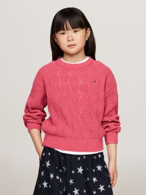 pull décontracté en maille chenille ajourée rose pour filles tommy hilfiger