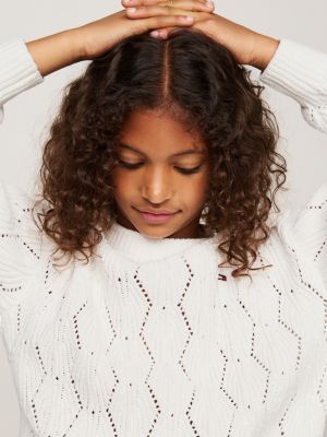 pull décontracté en maille chenille ajourée beige pour filles tommy hilfiger