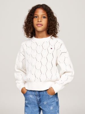 pullover relaxed fit in maglia traforata beige da bambine tommy hilfiger