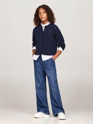 cardigan boxy en maille chenille ajourée bleu pour filles tommy hilfiger