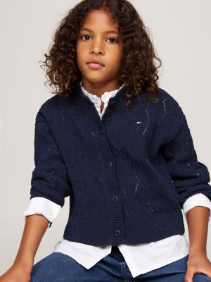 cardigan boxy en maille chenille ajourée bleu pour filles tommy hilfiger