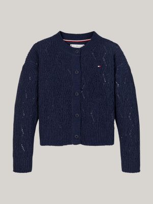 cardigan squadrato in maglia traforata blu da bambine tommy hilfiger